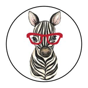 20 ZEBRA WITH RED GLASSES ENVELOPE SEALS LABELS STICKERS PARTY FAVORS  2"